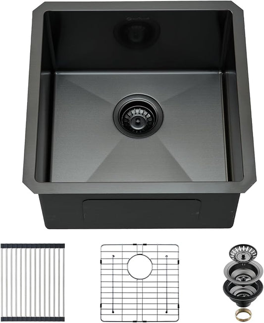 Undermount Kitchen Sink, 18 x 18 x 10 Inch Single Bowl Undermount Small Bar Sink 16 Gauge T-304 Stainless Steel Gunmetal Black Kitchen Sinks