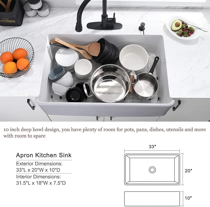 33 Inch Fireclay Farmhouse Sink White-Bokaiya 33x20 White Kitchen Sink Farm House Apron Front Porcelain Ceramic Deep Single Bowl Farm Sink with Dish Rack