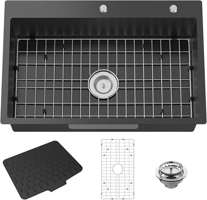 Black 31x20 Inch Drop In Kitchen Sink-Stainless Steel Single Bowl Topmount Kitchen Sink Stylish And Modern Look With Bottom Grid,Silicon Mat And Drain Assembly Add Elegance & Enhance Usability