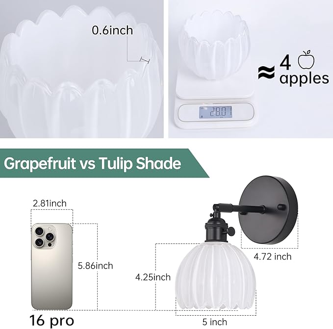 Shenmoyl Vintage Battery Operated Wall Sconce with White Tulip Glass Lampshade Rechargeable Battery Powered Black Wall Light with Remote Control for Bedside Bedroom Doorway