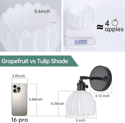 Shenmoyl Vintage Battery Operated Wall Sconce with White Tulip Glass Lampshade Rechargeable Battery Powered Black Wall Light with Remote Control for Bedside Bedroom Doorway