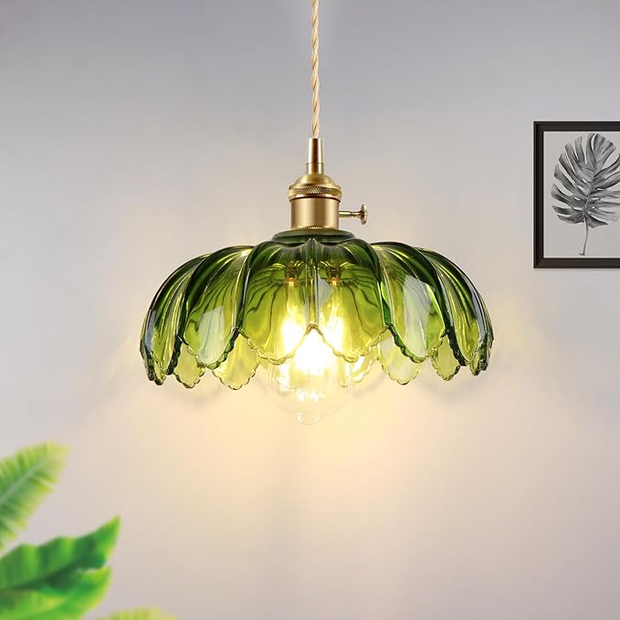 Vintage Pendant Light Green Mid Century Modern Pendant Light with Hand Blown Glass Shade Nordic Style 10" Gold1-Light Farmhouse Chandelier Ceiling Hanging Light fixtures for Dining Room Bedroom