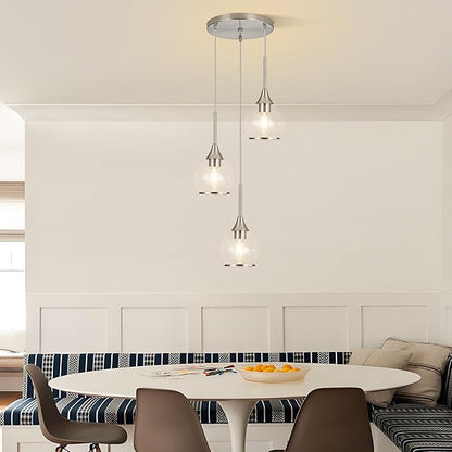 3-Light Island Light for Kitchen, Brushed Nickel Kitchen Island Hanging Pendant Light, Brushed Nickel Dining Room Light Fixture Over Table with Clear Round Glass Shade