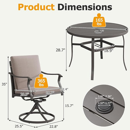EROMMY 5-Piece Outdoor Patio Dining Set, 4 Swivel Chairs with Removable Cushions & Round Metal Table with Umbrella Hole, All-Weather Furniture for Backyard, Garden and Deck