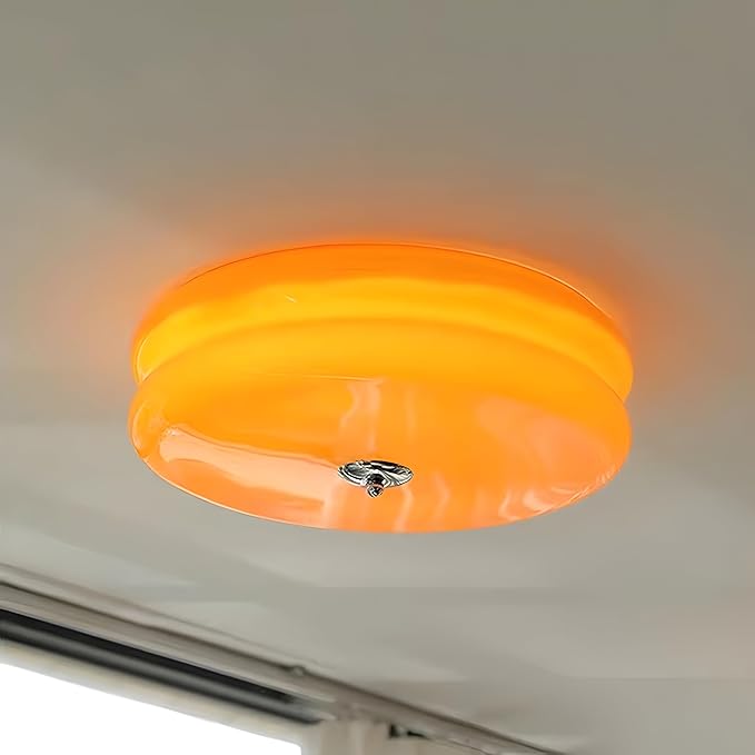Bofea-Mid Century Modern Orange Glass Flush Mount Ceiling Lamp,Hallway Ceiling Light,Large Round LED Ceiling Light Fixture for Living Room,Bathroom, Bedroom.