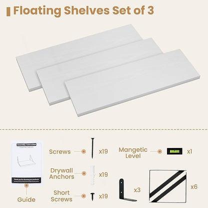 Heimlove Floating Book Shelves for Wall,23.6 Inches Wall Bookshelf Mounted Display&Storage Wood Shelves for Kitchen Bathroom Laundry Living Room,Set of 3,White