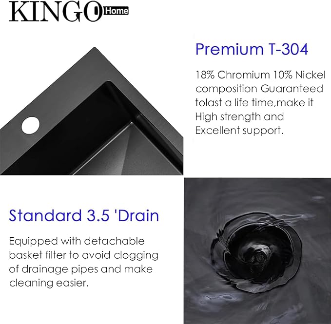 KINGO HOME Black Bar Sink Drop In,15 x 15 Inch Topmount RV 16 Gauge Gunmetal Black Stainless Steel Single Bowl Small Kitchen Sink,Outdoor Handmade Stainless Steel Wet Bar Perp Sink with Drain