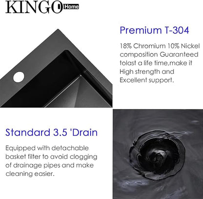 KINGO HOME Black Bar Sink Drop In,15 x 15 Inch Topmount RV 16 Gauge Gunmetal Black Stainless Steel Single Bowl Small Kitchen Sink,Outdoor Handmade Stainless Steel Wet Bar Perp Sink with Drain