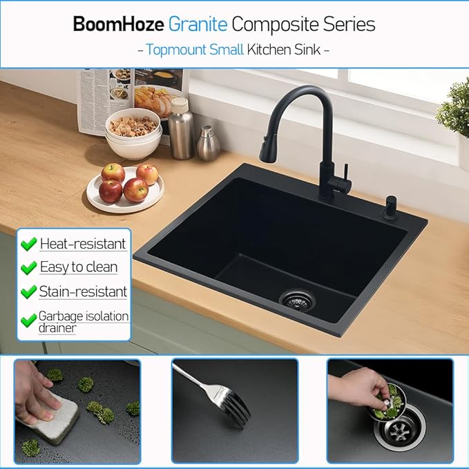 25x22 Drop In Kitchen Sink, Matte Black Granite Composite Quartz Drop In Sink Single Bowl Outdoor Kitchen Sink 25-inch Utility Drop-In/Topmount with Small Rubber Squeegee