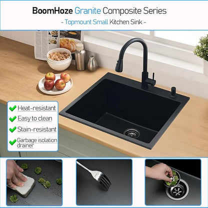 25x22 Drop In Kitchen Sink, Matte Black Granite Composite Quartz Drop In Sink Single Bowl Outdoor Kitchen Sink 25-inch Utility Drop-In/Topmount with Small Rubber Squeegee