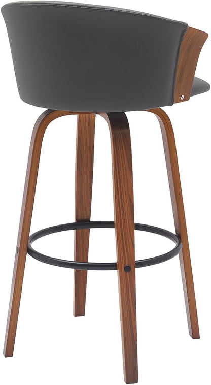 Armen Living Diana 30" Seat Height Mid Century Modern Swivel Walnut Wood Bar Stool for Kitchen Island Counter in Gray Faux Leather
