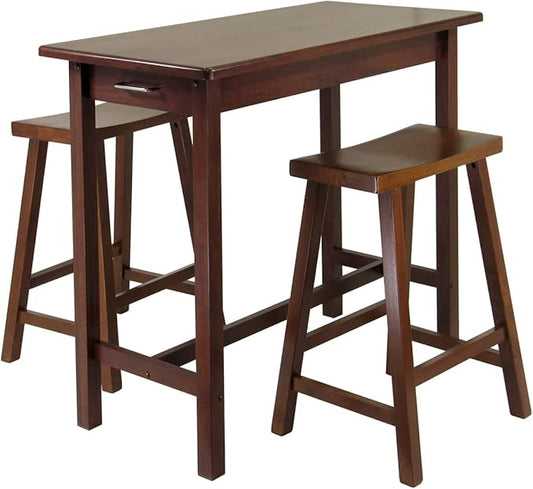 Sally 3-Piece Breakfast Table Set with Saddle Seat Counter Stools, Walnut Finish – Space-Saving Kitchen Island Table with Dual Storage Drawers
