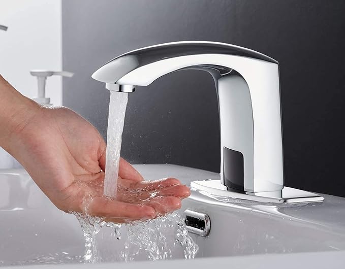 Automatic Bathroom Sink Faucet with Hole Cover Plate Sensor Touchless Dual-Powered Chrome Vanity Faucets Hands Free Motion Sensor Bathroom Water Tap with Control Box and Temperature Mixer