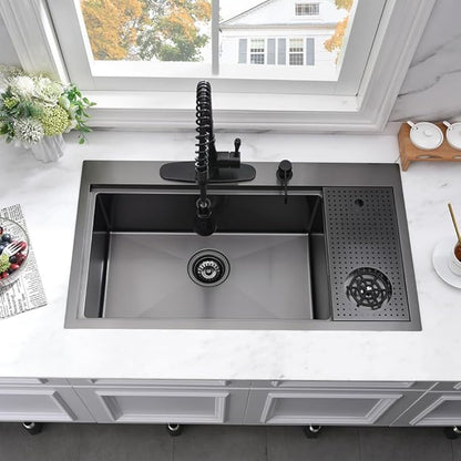 33x19 Drop In Kitchen Sink-Bokaiya 33 Inch Drop In Kitchen Sink with Cup Washer Black Stainless Steel Topmount Sink 16 Gauge Single Bowl Kitchen Sink with Cutting Board