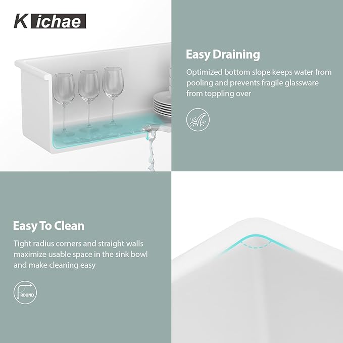 Kichae 27 Inch White Undermount Sink Fireclay 27x19 Inch Dual Drop in & Undermount Kitchen Sink Single Bowl Deep Porcelain Ceramic