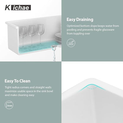 Kichae 27 Inch White Undermount Sink Fireclay 27x19 Inch Dual Drop in & Undermount Kitchen Sink Single Bowl Deep Porcelain Ceramic