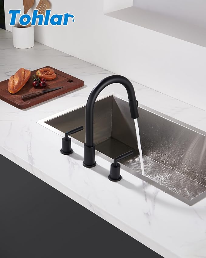 Tohlar 3 Holes Kitchen Faucet Black, 2 Handle Kitchen Sink Faucets, Black Kitchen Faucet with Pull Down Sprayer, Kitchen Sink Faucets Matte Black Stainless Steel Faucet for Kitchen Sink