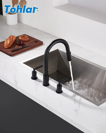 Tohlar 3 Holes Kitchen Faucet Black, 2 Handle Kitchen Sink Faucets, Black Kitchen Faucet with Pull Down Sprayer, Kitchen Sink Faucets Matte Black Stainless Steel Faucet for Kitchen Sink