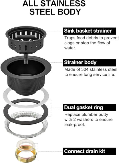 BOTEMY B9171 Black Kitchen Sink Drain Kit 3 1/2 Strainer With Stainless Steel Stopper Assembly Basket Fit Standard Drain Hole