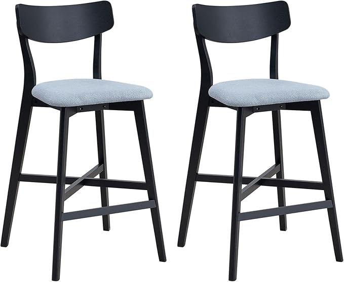 Bar Chairs Set of 2, Counter Height Stools - Modern Upholstered Kitchen Island Chairs with Backrest & Footrest - Black Wood Frame