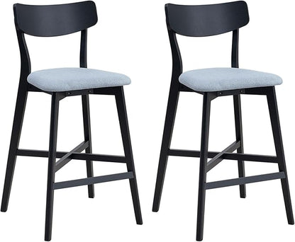 Bar Chairs Set of 2, Counter Height Stools - Modern Upholstered Kitchen Island Chairs with Backrest & Footrest - Black Wood Frame