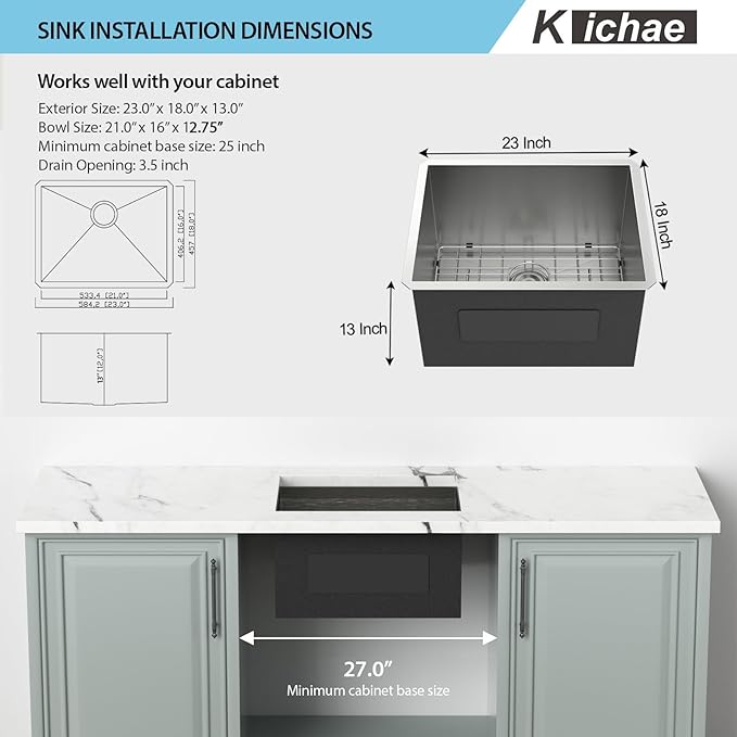 Kichae 23 Laundry Sink Undermount - 23x18 Inch Undermount Utility Sink Stainless Steel 13" Deep Single Bowl Under Counter Laundry Utility Room Handmade Basin
