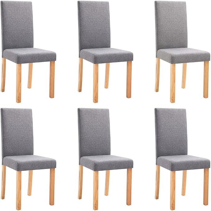 Dining Chair Set of 6 Light Grey Fabric Upholstered Rubber Wood Modern Ergonomic Design for Dining Room Kitchen