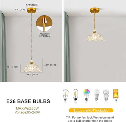 1 Piece Vintage Chandelier Light Fixtures with Crystal Glass Shade,Matte Brass Finish Pendant Light for Kitchen Island, Hanging Light Fixture for Dining Room, Hallway, Living Room, Bedroom