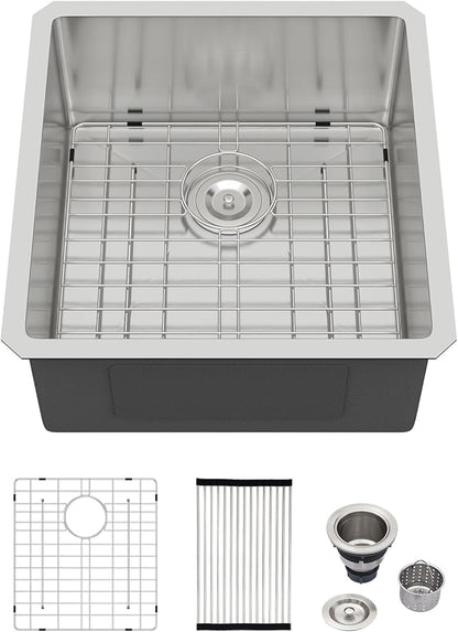 Logmey 19 Inch Undermount Bar Sink - 19x20 In Handmade Bar Prep Sink Stainless Steel 16 Gauge Small Bar Prep Sing Single Bowl Small Bar Sink