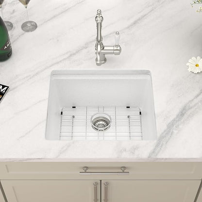 Dcolora 21 In. White Granite Composite Small Kitchen Sink, Single Bowl Workstation Undermount Prep Sink, Quartz Bar Sink, 21"x18"x9.65" #DC-GBUS25471