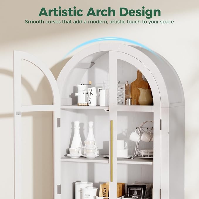 71" Arched Storage Cabinet, 5-Tier Modern Farmhouse Kitchen Pantry Cabinet with Glass & Rattan Doors, Adjustable Shelf for Living Room, Dining Room, or Office, White