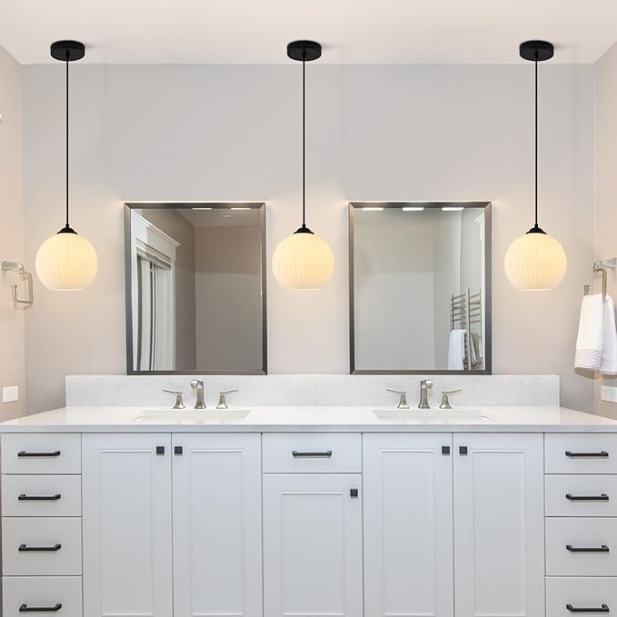Contemporary Modern Pendant Lights Black Globe Pendant Lights Kitchen Island Vintage Milk White Glass Pendant Lighting Unique Ribbed Glass Ceiling Pendant Light (2 Pack)
