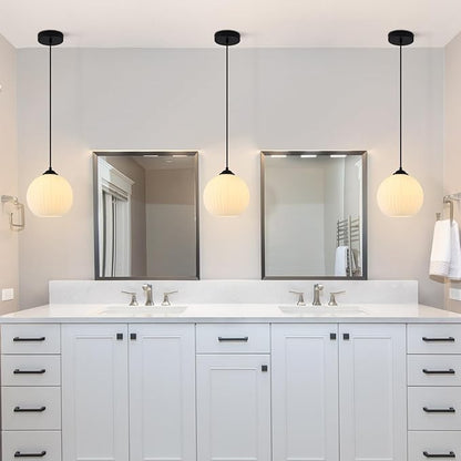 Contemporary Modern Pendant Lights Black Globe Pendant Lights Kitchen Island Vintage Milk White Glass Pendant Lighting Unique Ribbed Glass Ceiling Pendant Light (2 Pack)