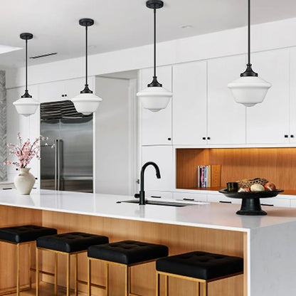 SAMTEEN 10-Inch Black Schoolhouse Pendant Light with White Glass Shade Schoolhouse Light Fixture Adjustable Height Modern Schoolhouse Pendant Lighting for Kitchen Island Dining Room Living Room