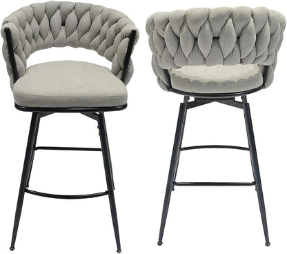 28" Technical Leather Woven Bar Stool Set of 2,Black Legs Barstools No Adjustable Kitchen Island Chairs,360 Swivel Bar Stools,for Living Room