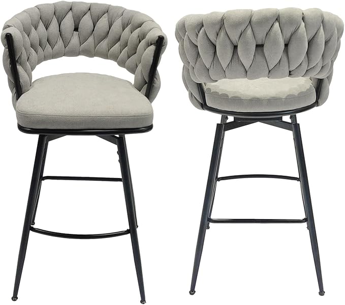 28" Technical Leather Woven Bar Stool Set of 2,Black Legs Barstools No Adjustable Kitchen Island Chairs,360 Swivel Bar Stools
