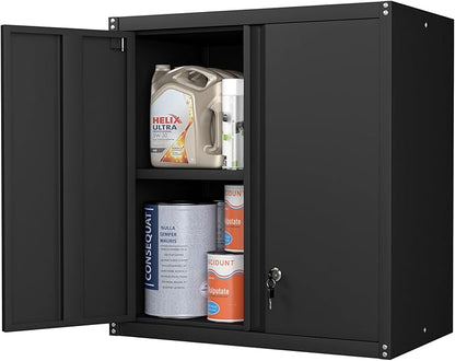 Metal Wall Cabinet, Steel Cabinet Wall Mounted, Lockable Storege Cabinet with Doors and Shelves, Upper Cabinets for Home Office, Pantry, Garage, Black