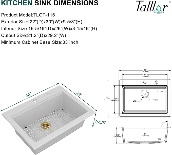 30x22 White Drop In Kitchen Sink - Granite Composite Single Bowl Classic Quartz-Based Workstation All-In One Sink with Mixing Bowl, Pasta Strainer, Two-Holes Configuration #TLGT-115