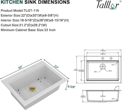 30x22 White Drop In Kitchen Sink - Granite Composite Single Bowl Classic Quartz-Based Workstation All-In One Sink with Mixing Bowl, Pasta Strainer, Two-Holes Configuration #TLGT-115
