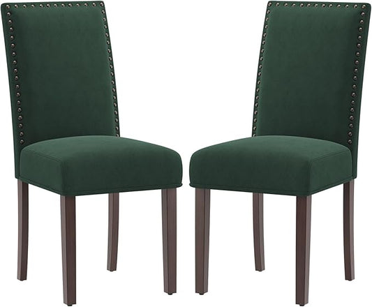 COLAMY Green Velvet Dining Chairs Set of 2 – Upholstered Kitchen & Dining Room Chairs with Nailhead Trim, Soft High-Density Cushion and Solid Wood Legs for Dining Room, Kitchen, Living Room