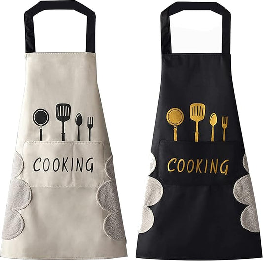 DILLMAN Women Kitchen Apron with Hand Wipe Pockets，Big Pocket,Hand-wiping, Waterproof for Cooking Baking