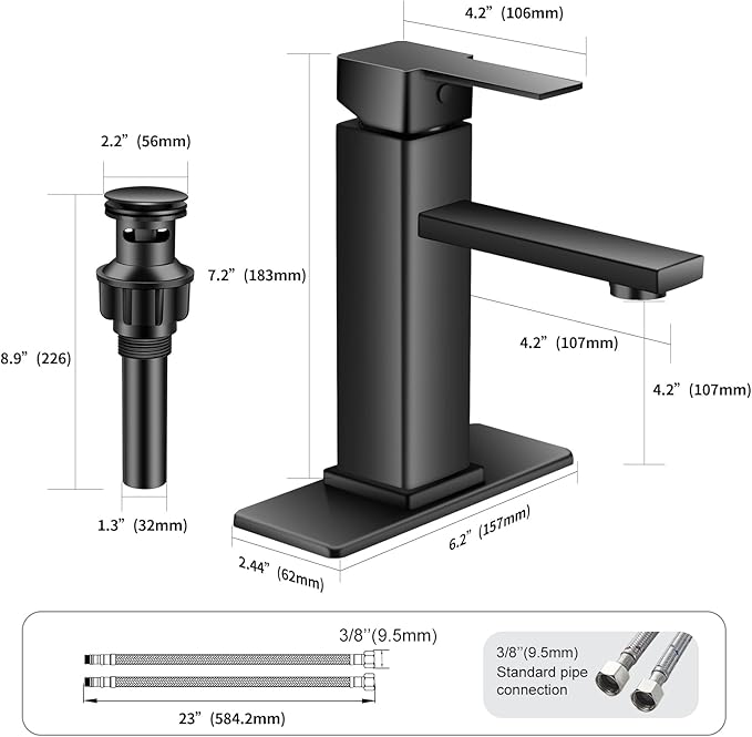 Black Bathroom Faucet YXOCVIR Single Hole with Pop-Up Bathroom Drain Single Handle Bathroom Faucet Suitable for Vanity Sinks, RV, Farmhouses, Suitable for 1 or 3-Hole Installation
