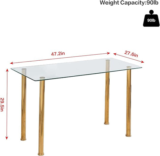 Glass Dining Table for 4, 47.2" Modern Clear Tempered Glass top Dining Room Table with Gold Legs for Kitchen, Small Space