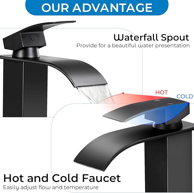 Black Bathroom Faucets, Tall Waterfall Bathroom Sink Faucet Modern Single Handle Bathroom Faucte 1 Hole, Tall Spout Vessel Faucet Mixer Tap Washbasin Faucet with Pop-up Drain, Supply Hoses