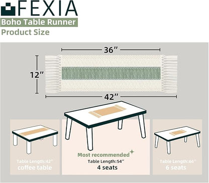 FEXIA Sage Green Table Runner 36 Inches Long with Tassels Boho Macrame Farmhouse Table Runners for Home Decor Party Bohemian Rustic Bridal Shower Dining Decorations(12x36 Inches)