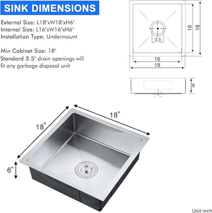 MENATT 18 inch Undermount Kitchen Sink, Brushed Stainless Steel Handmade Single Bowl Bar Sink 6inch Deep Basin Bowl, D18"xW18xH6"
