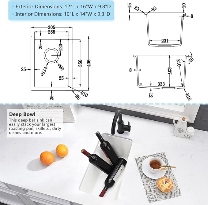 White Bar Sink Undermount-VASOYO 12x16 Inch Small Kitchen Sink Undermount Wet Bar Sinks White Quartz Single Bowl Deep Outdoor Rv Sinks Mini Basin with Bottom Grid