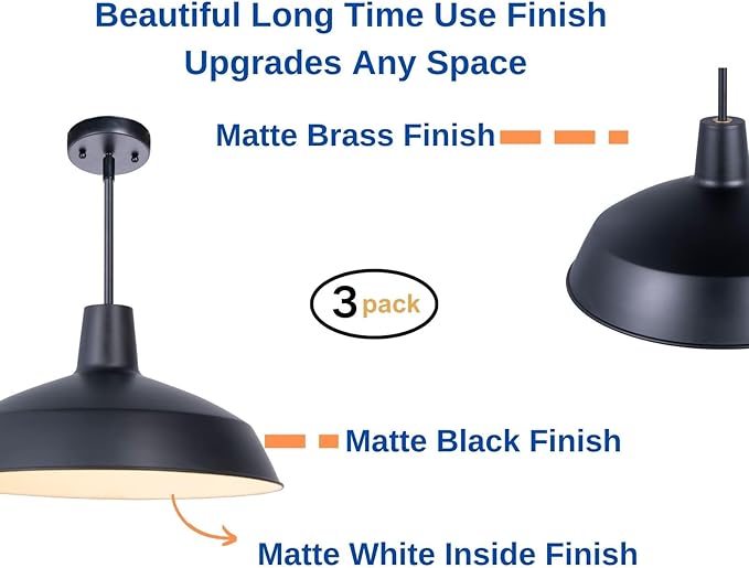3 Pack Modern Black Kitchen Island Pendant Light 16 inches Metal Shade White inside Finish Gold Accent,Multiple Stems Rods Adjustable Hanging Height Ceiling Lamp E26 for Dining Room Hallway