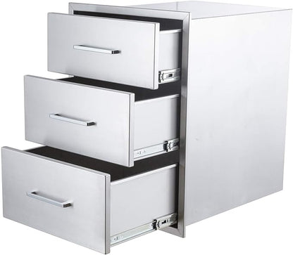 Outdoor Kitchen Drawers, 17" W x 18" D x 24" H Stainless Steel Triple Access BBQ Drawer, Flush Mount Enclosed Drawer with Handle for Outdoor Kitchens & BBQ Islands, No Installation Required