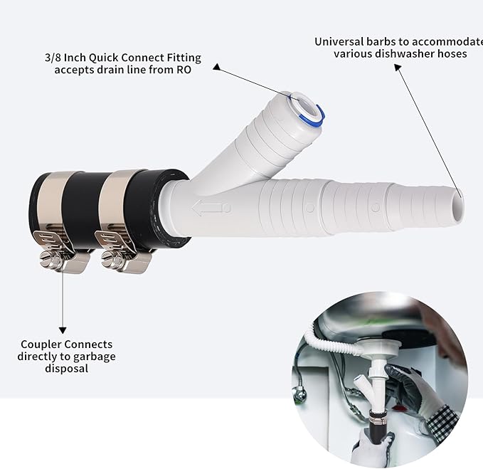 Dishwasher Drain Hose Adapter, RO Drain Line adapter， Garbage Disposal Adapter with 3/8-inch Quick Connect Fitting and 7/8-inch Fitting for a Dishwasher，No Drilling Required